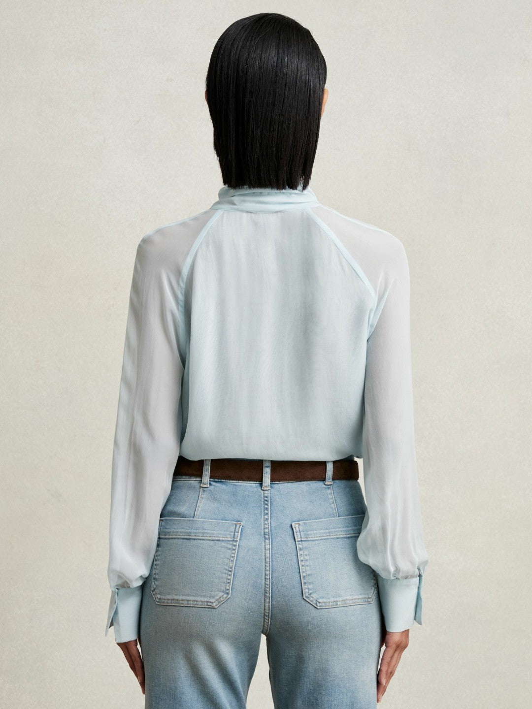 Women Silk Blend Chiffon Tie-Neck Blouse in Pale Blue