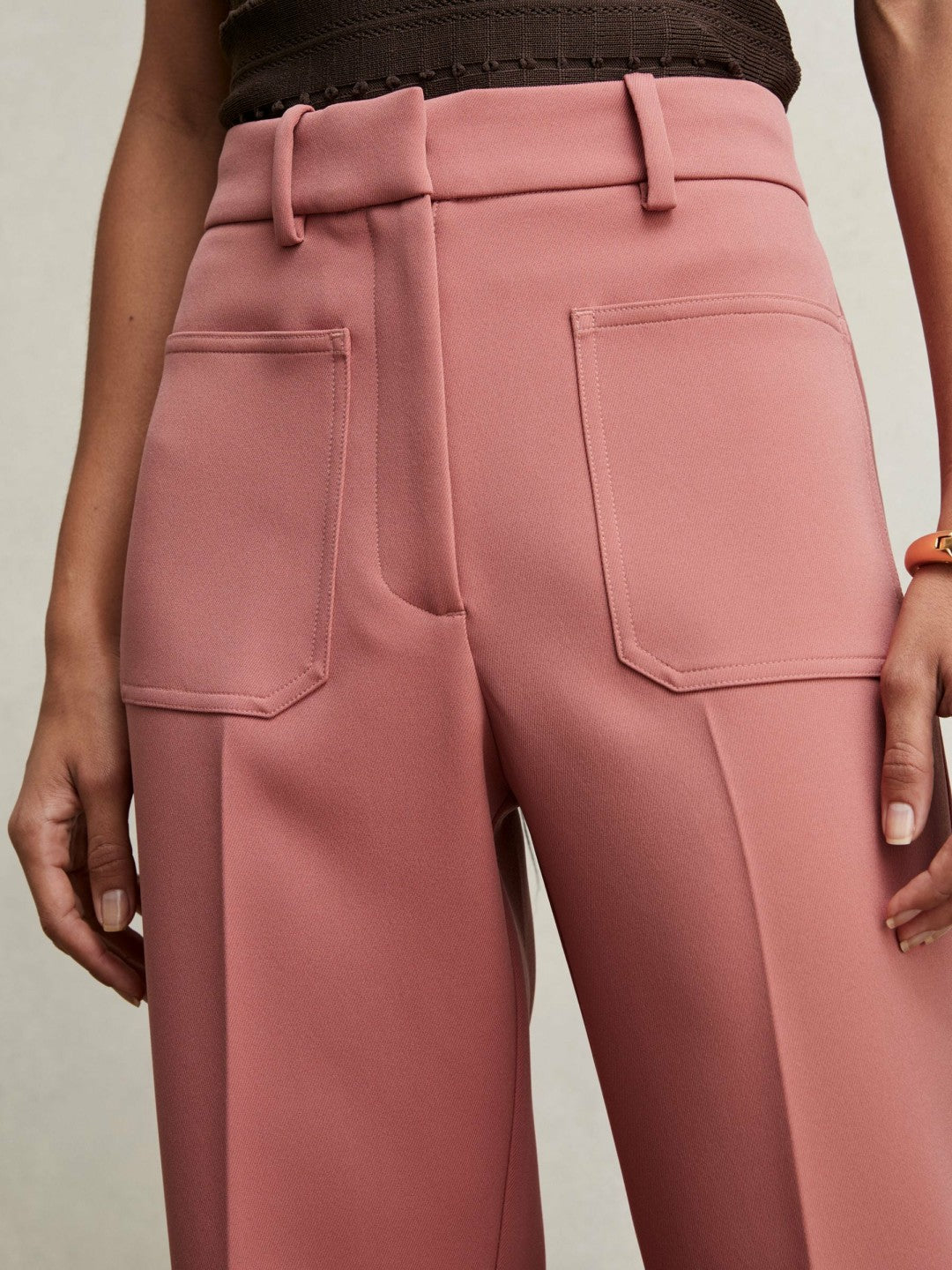 Women Twill Patch-Pocket Flared Trousers in Pink