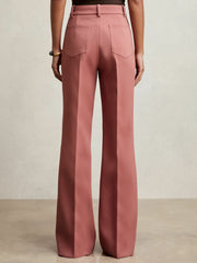 Women Twill Patch-Pocket Flared Trousers in Pink
