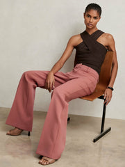 Women Petite Twill Patch-Pocket Flared Trousers in Pink