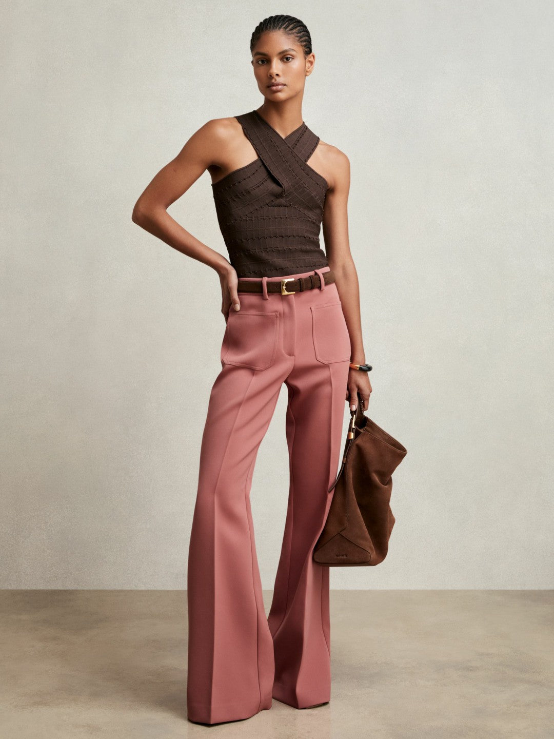 Women Petite Twill Patch-Pocket Flared Trousers in Pink