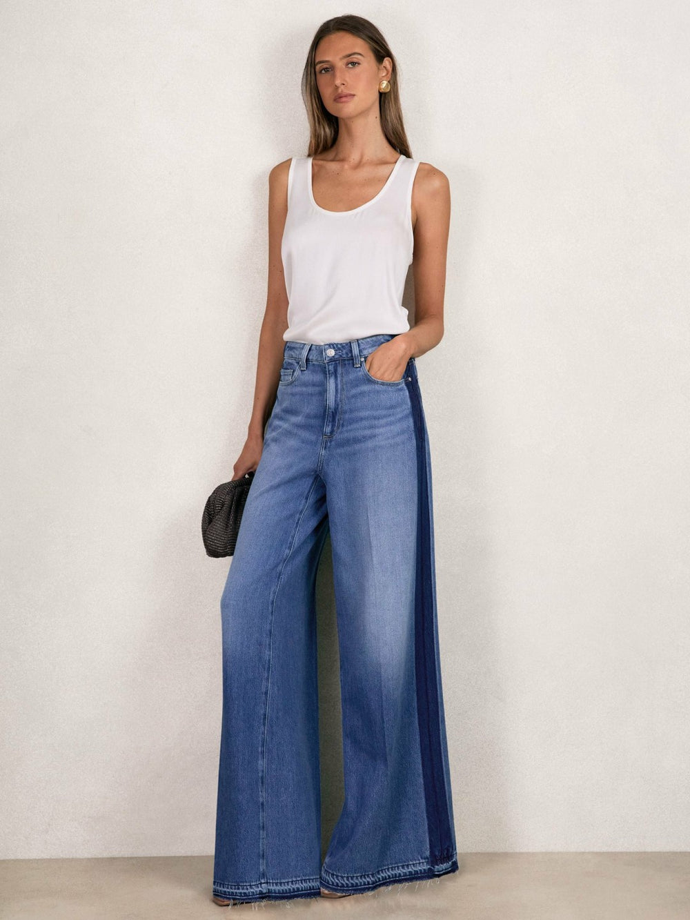 Women Paige Side Stripe Wide Leg Jeans in Navy/Blue Stripe