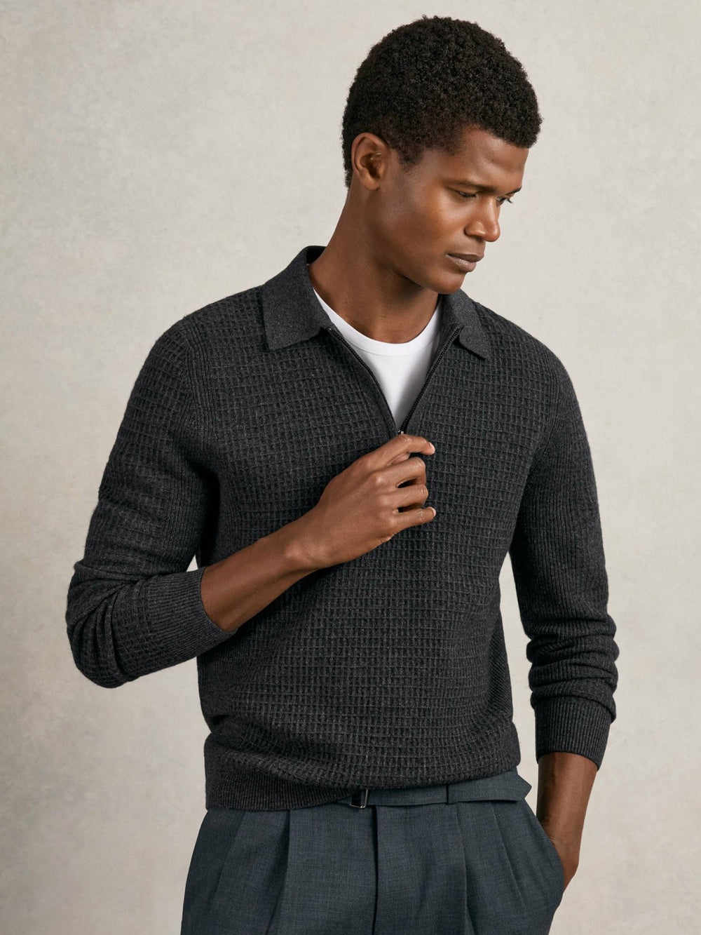 Men Wool Waffle-Knit Half-Zip Polo Shirt in Charcoal Grey