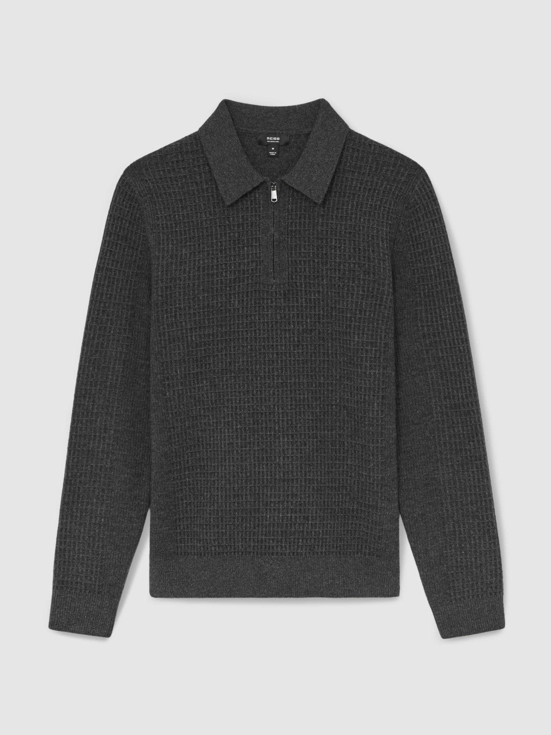Men Wool Waffle-Knit Half-Zip Polo Shirt in Charcoal Grey