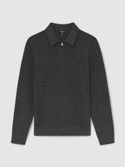 Men Wool Waffle-Knit Half-Zip Polo Shirt in Charcoal Grey