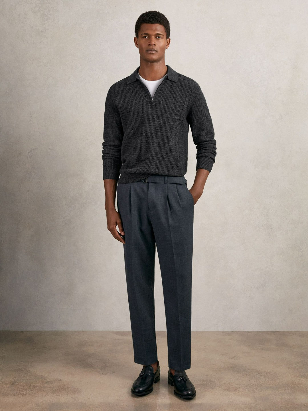 Men Wool Waffle-Knit Half-Zip Polo Shirt in Charcoal Grey