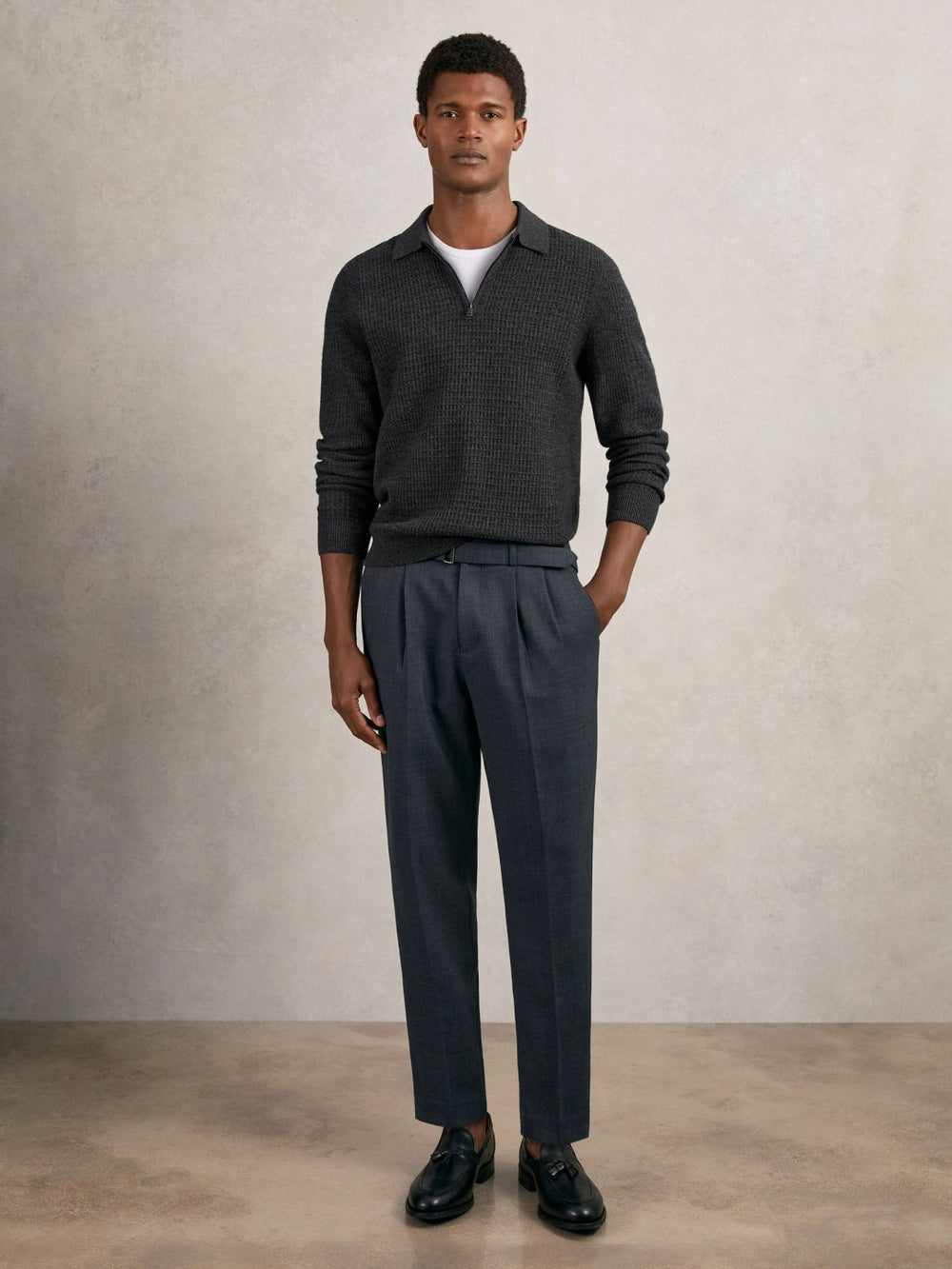 Men Wool Waffle-Knit Half-Zip Polo Shirt in Charcoal Grey
