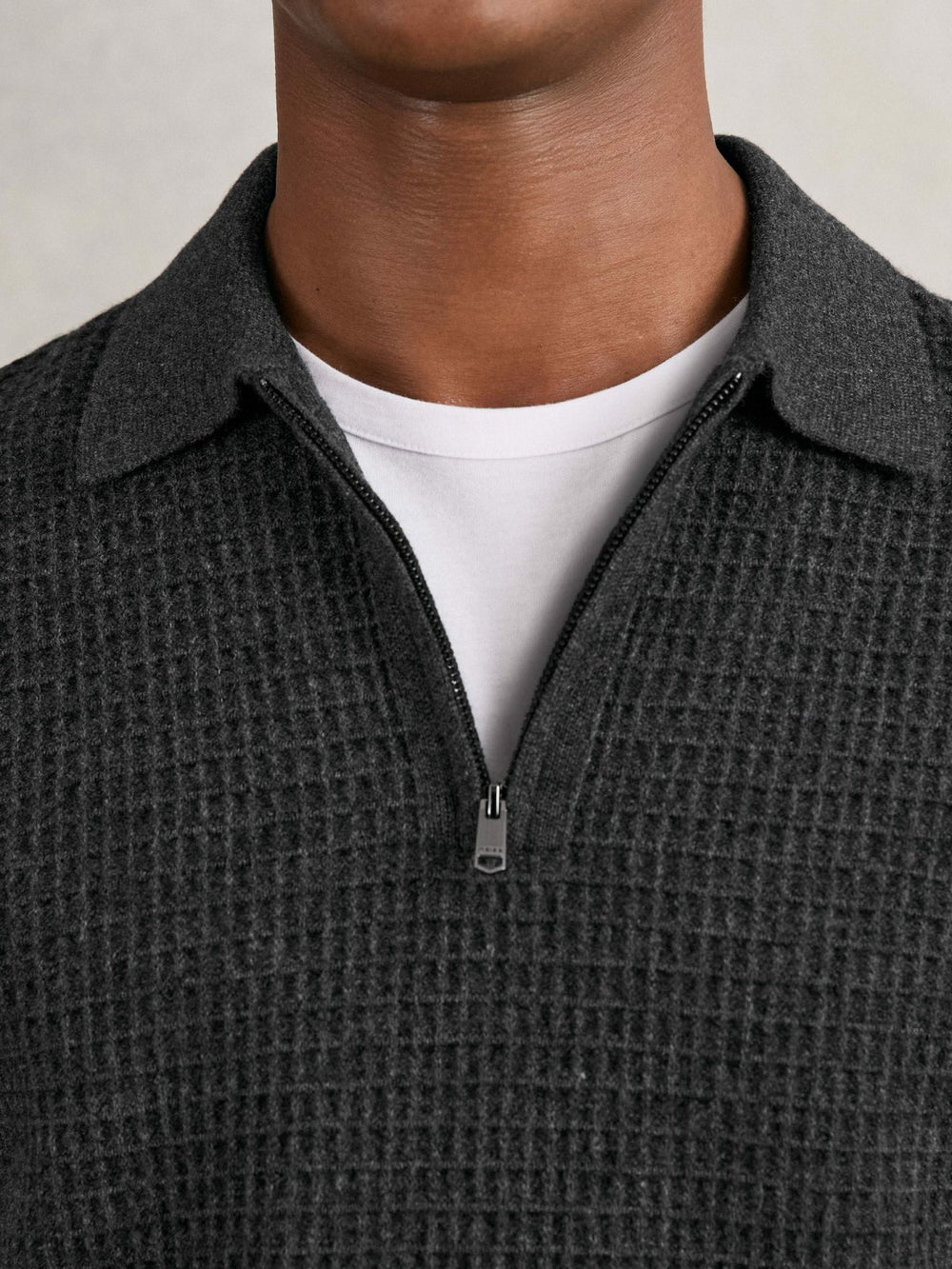 Men Wool Waffle-Knit Half-Zip Polo Shirt in Charcoal Grey