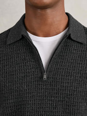 Men Wool Waffle-Knit Half-Zip Polo Shirt in Charcoal Grey
