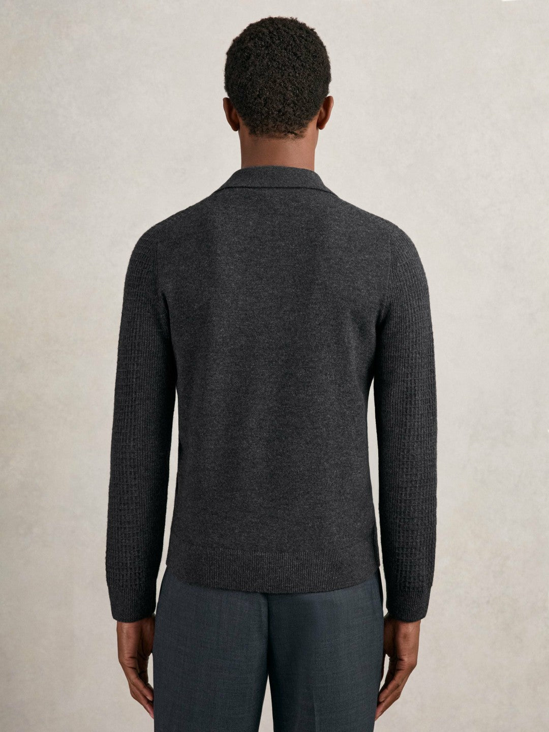 Men Wool Waffle-Knit Half-Zip Polo Shirt in Charcoal Grey