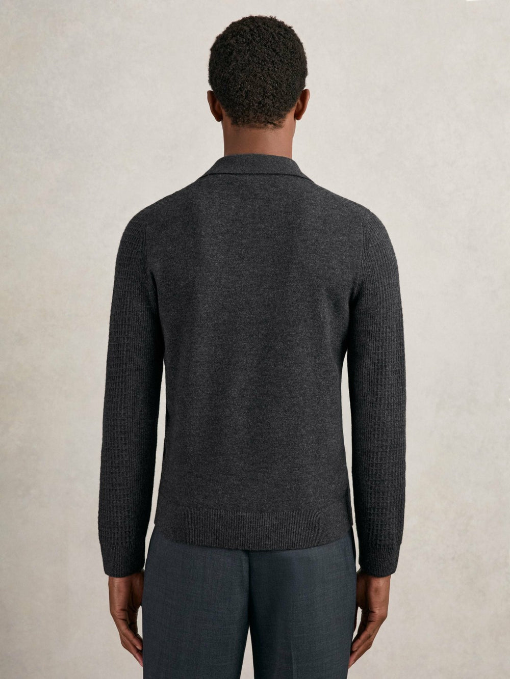 Men Wool Waffle-Knit Half-Zip Polo Shirt in Charcoal Grey