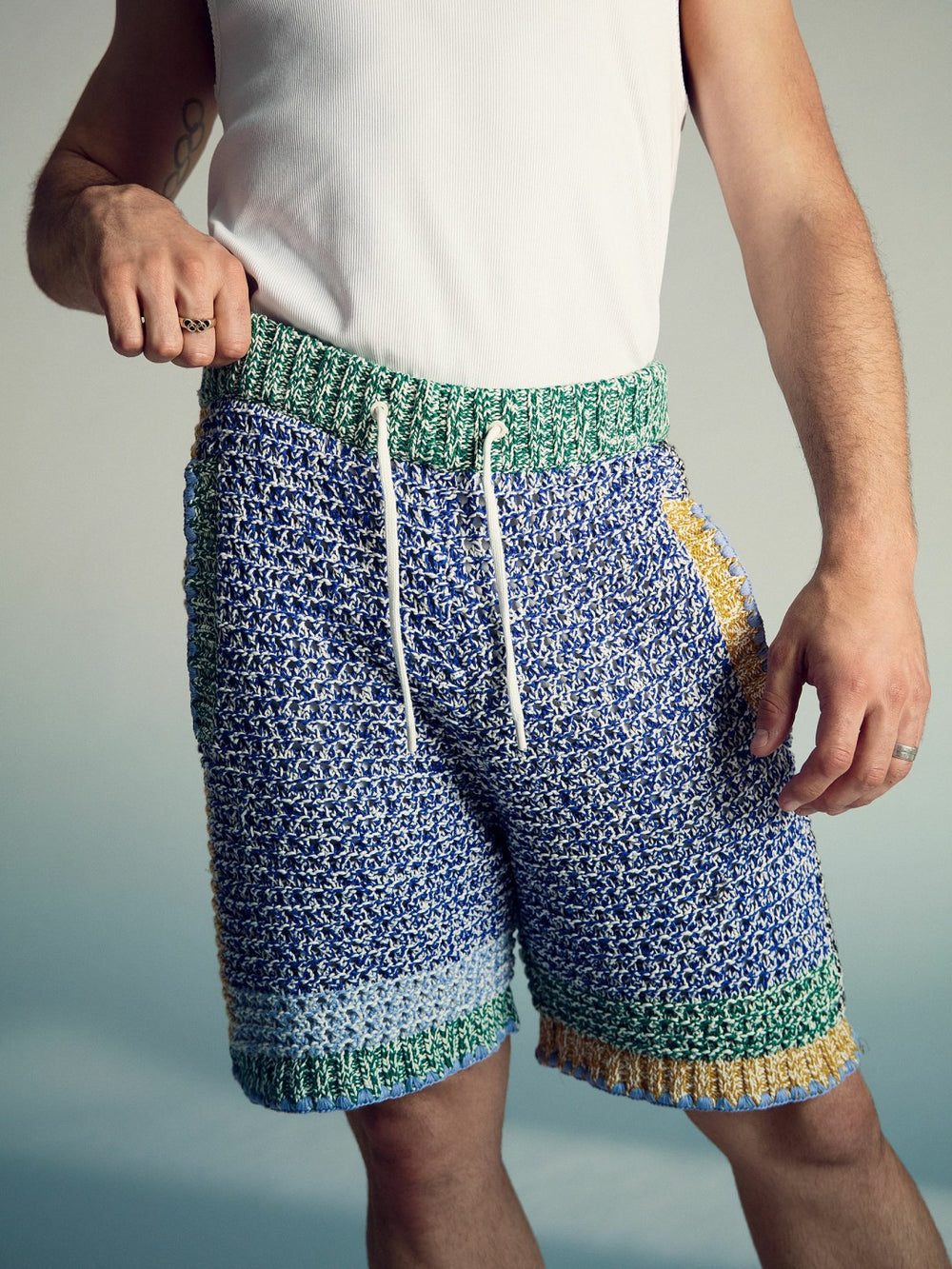 Men | Tom Daley Crochet Panel Shorts in Yellow/Green/Blue Multi