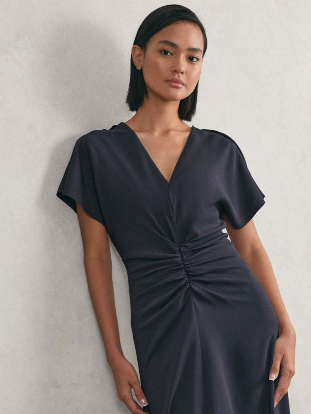 Women Petite Ruched-Front Midi Dress in Navy