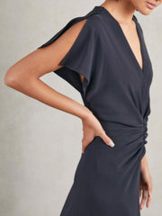 Women Petite Ruched-Front Midi Dress in Navy