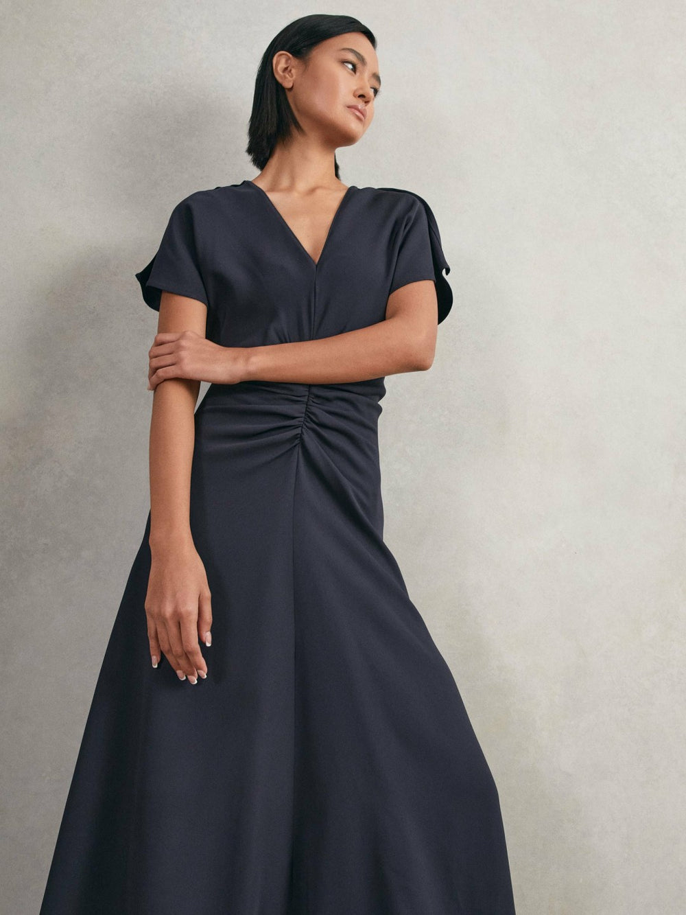 Women Petite Ruched-Front Midi Dress in Navy