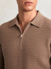 Men Wool Waffle-Knit Half-Zip Polo Shirt in Camel Brown