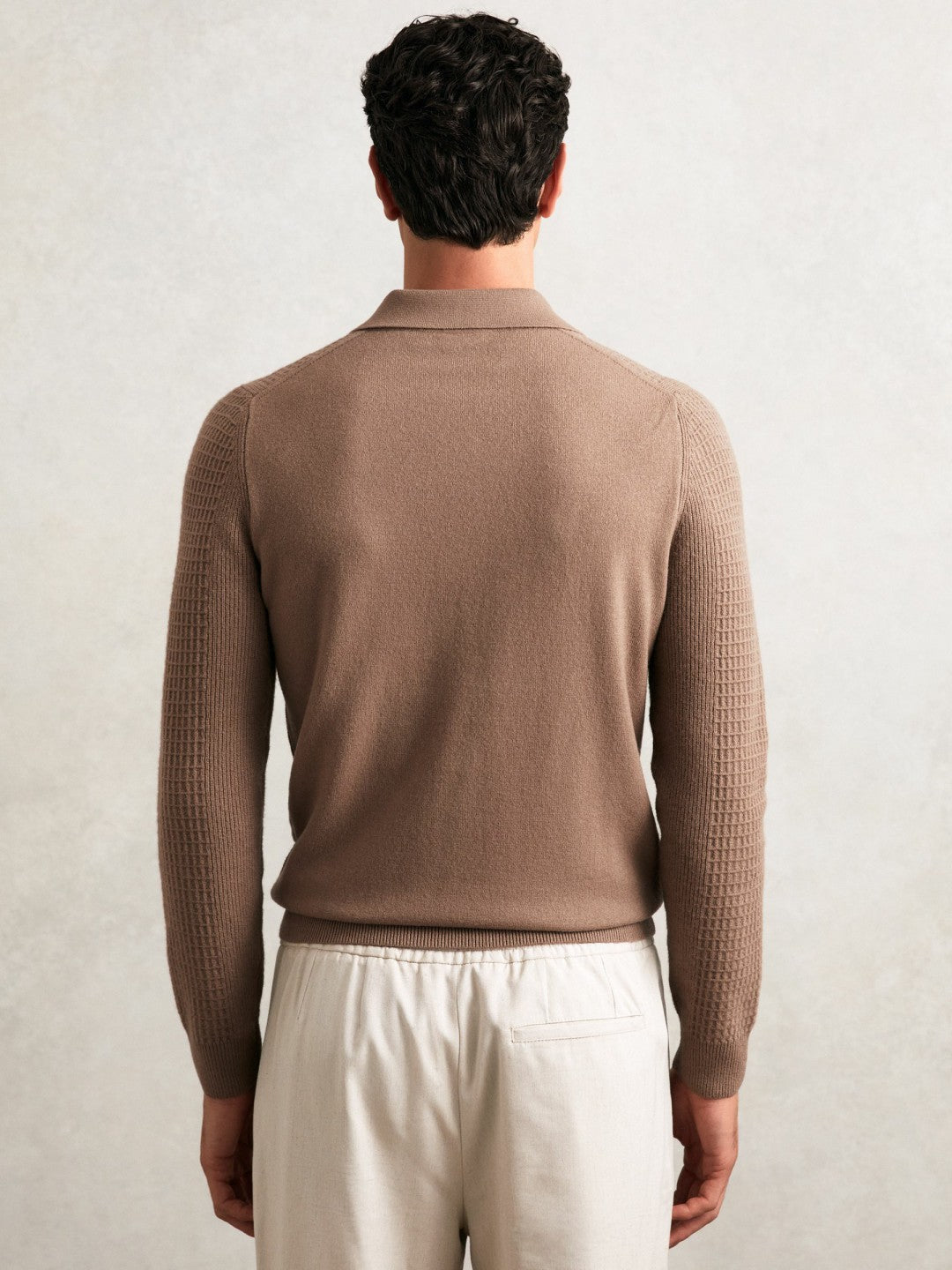 Men Wool Waffle-Knit Half-Zip Polo Shirt in Camel Brown