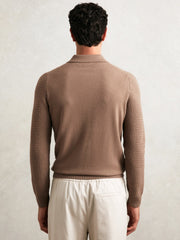 Men Wool Waffle-Knit Half-Zip Polo Shirt in Camel Brown