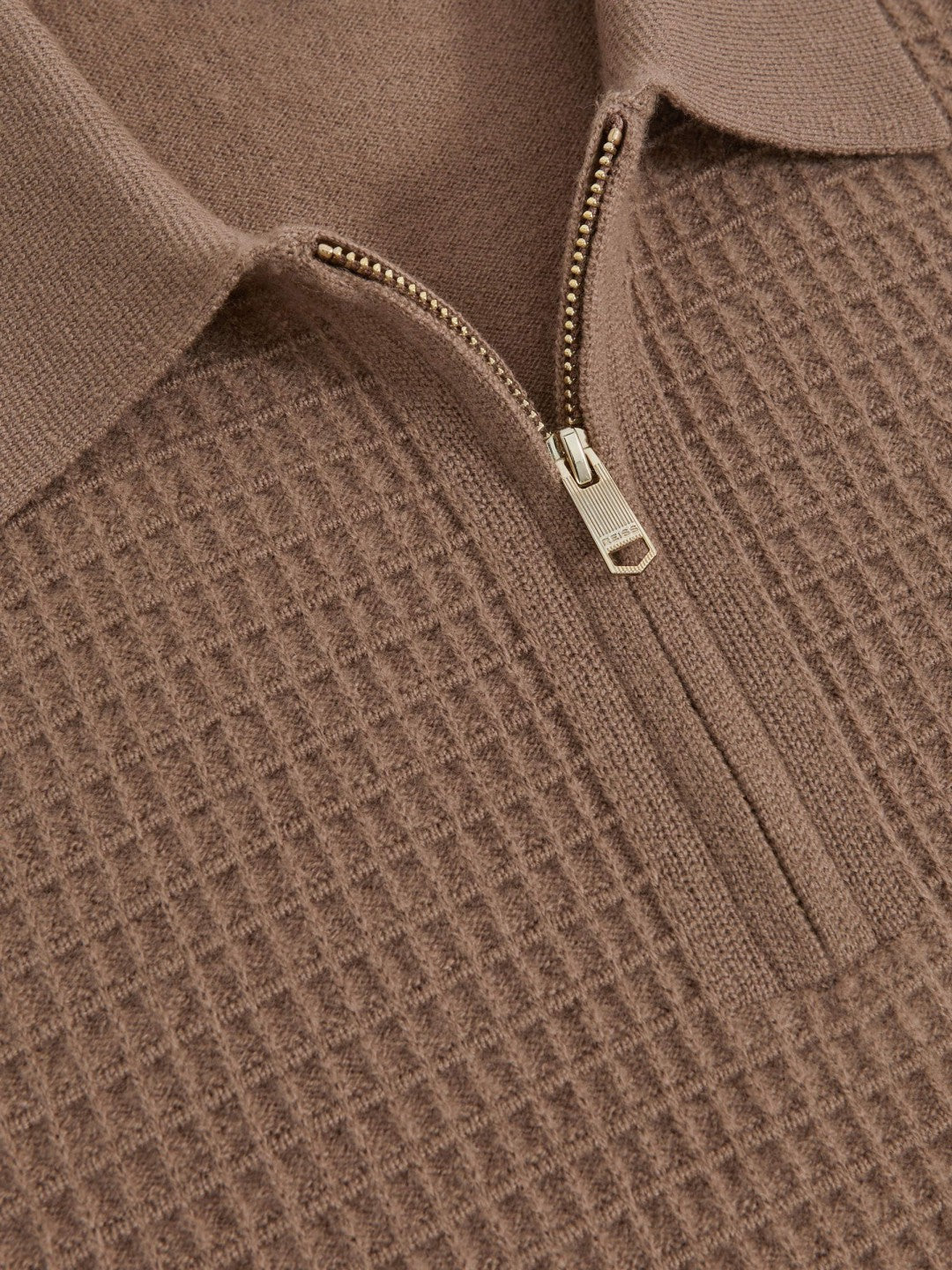 Men Wool Waffle-Knit Half-Zip Polo Shirt in Camel Brown