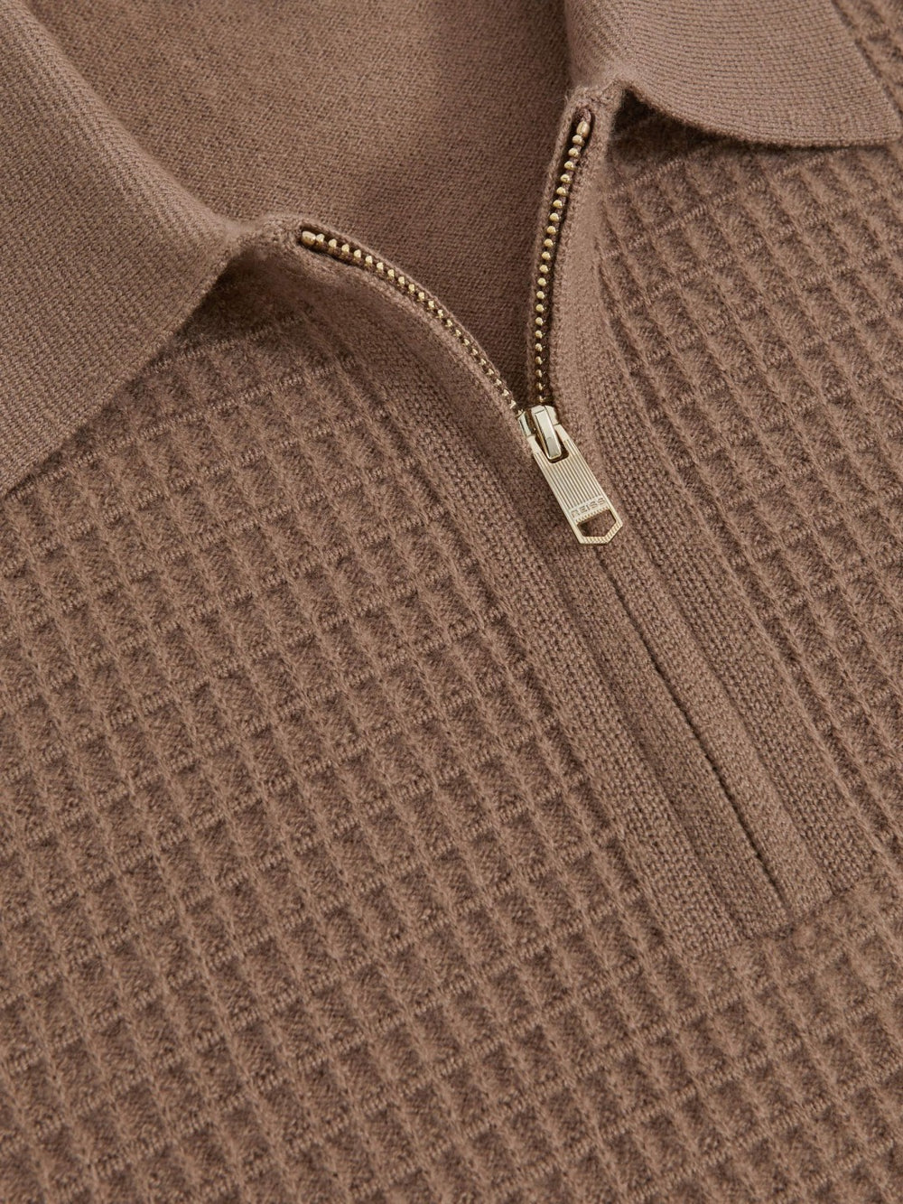 Men Wool Waffle-Knit Half-Zip Polo Shirt in Camel Brown