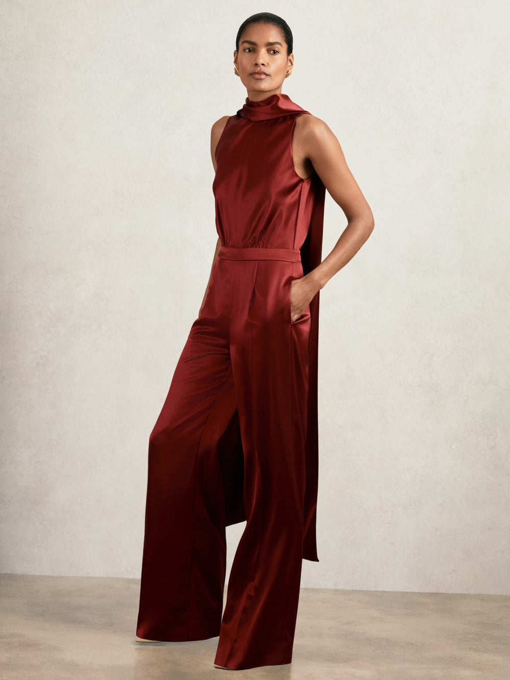 Women Satin Cape-Sash Jumpsuit in Dark Red