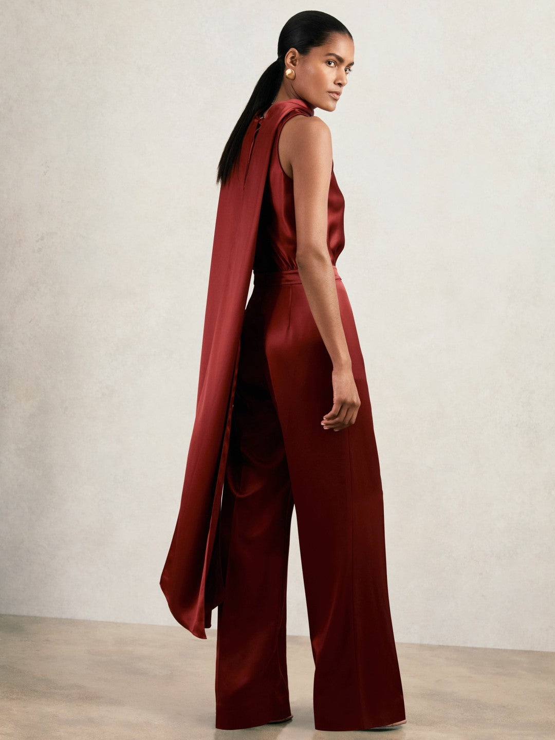 Women Satin Cape-Sash Jumpsuit in Dark Red
