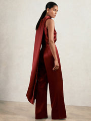 Women Satin Cape-Sash Jumpsuit in Dark Red