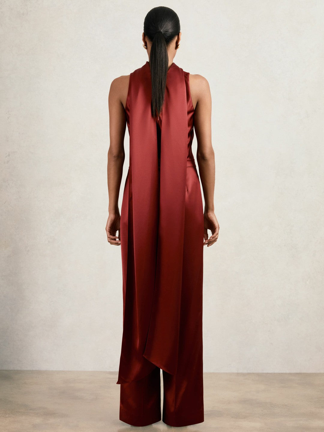Women Satin Cape-Sash Jumpsuit in Dark Red
