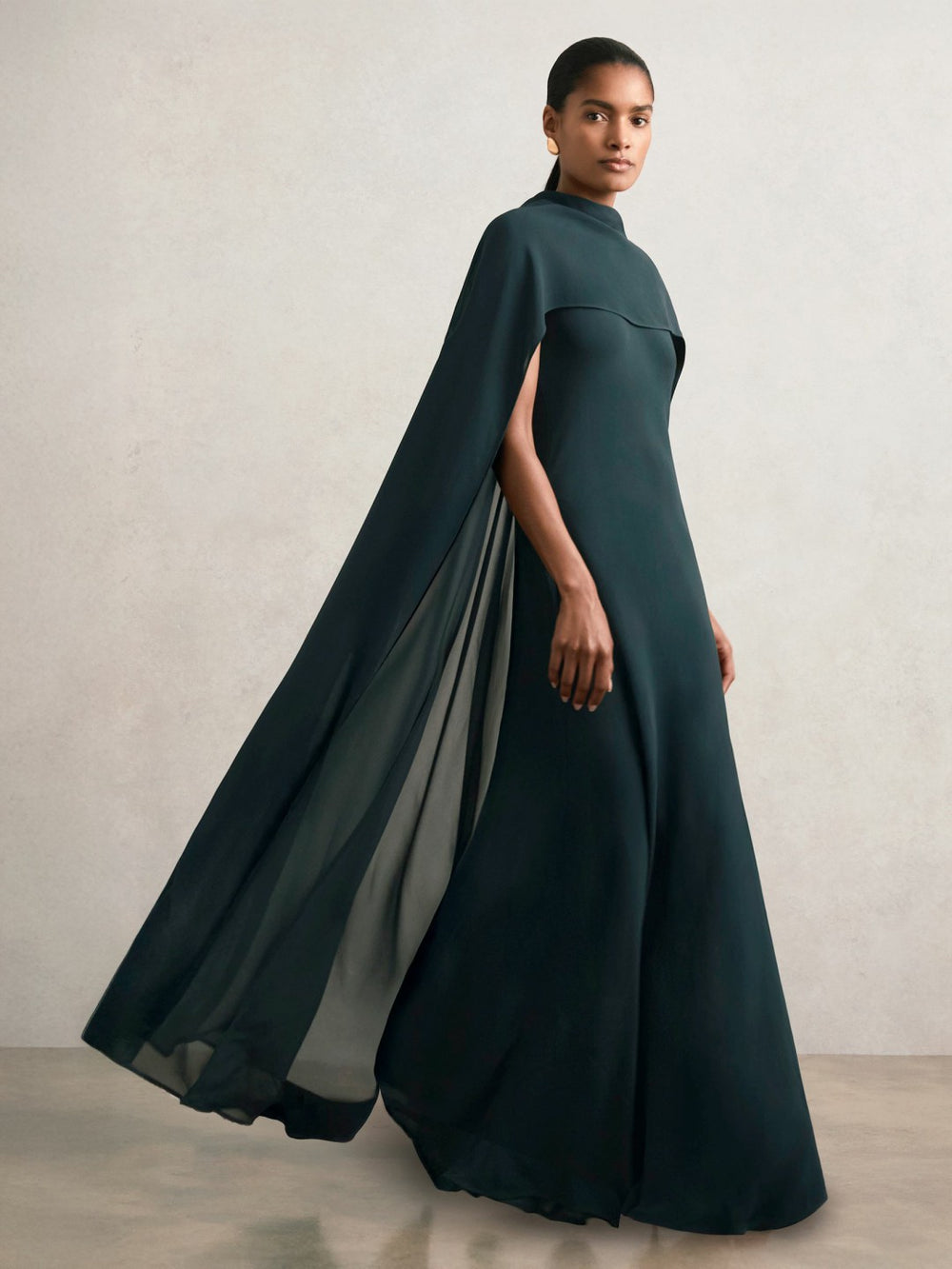 Women Petite Crepe Cape Maxi Dress in Teal Green