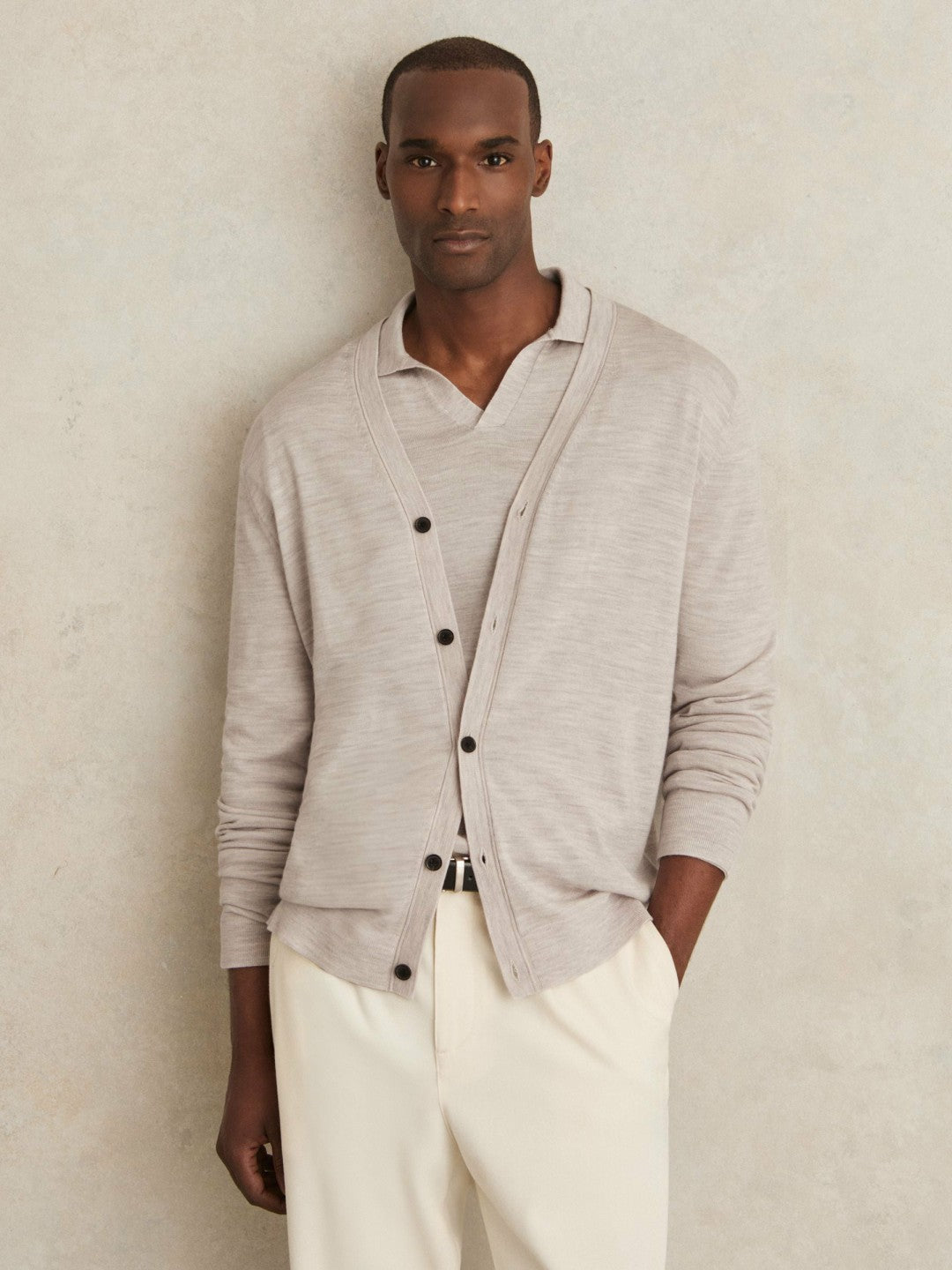 Men Merino Wool Button-Through Cardigan in Wicker Brown Melange