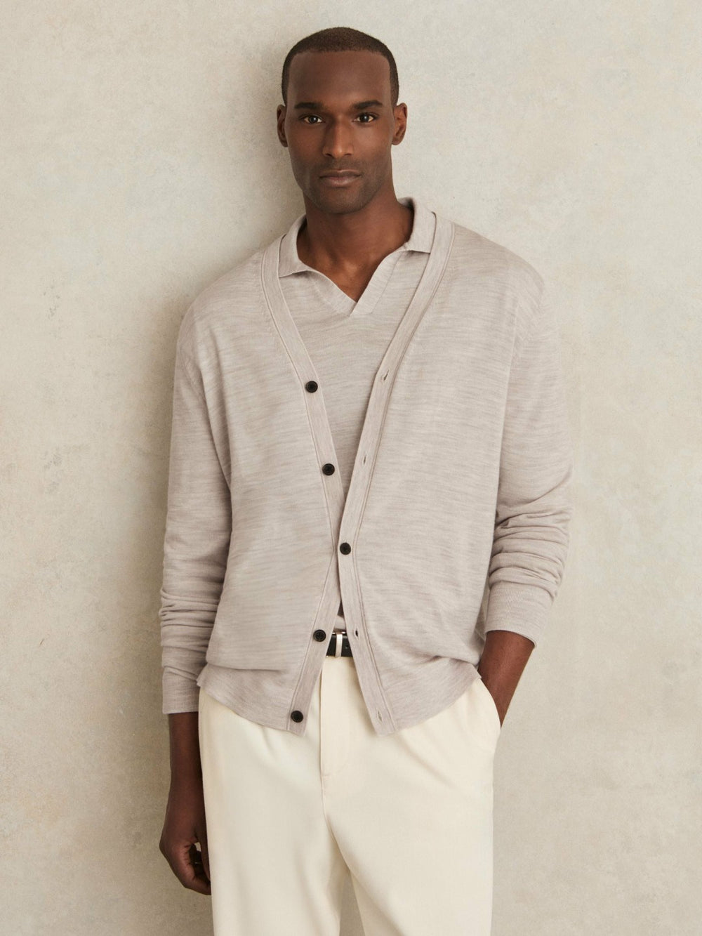 Men Merino Wool Button-Through Cardigan in Wicker Brown Melange