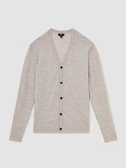 Men Merino Wool Button-Through Cardigan in Wicker Brown Melange