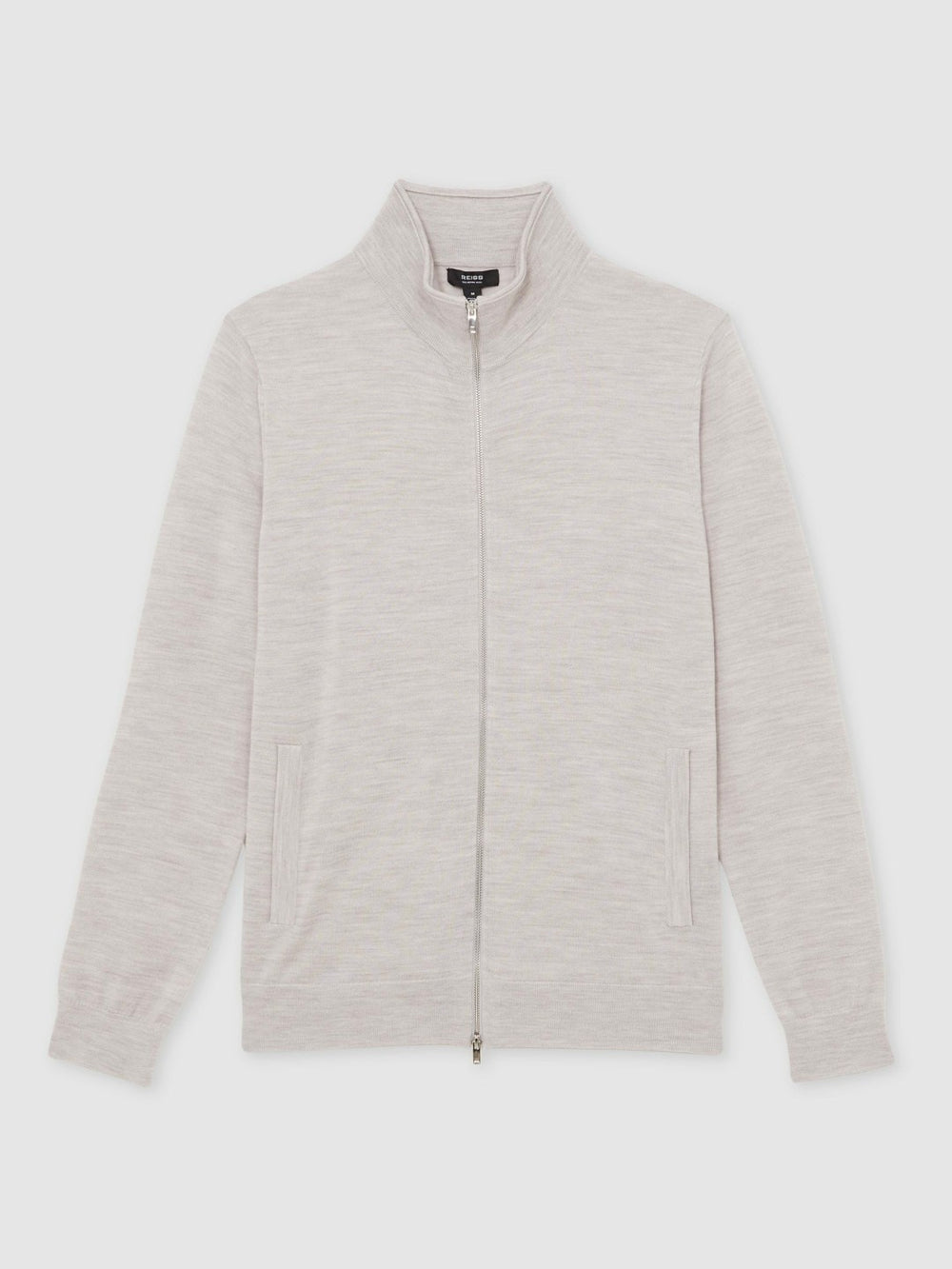 Men Merino Wool Zip Through Cardigan in Wicker Brown Melange