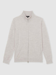 Men Merino Wool Zip Through Cardigan in Wicker Brown Melange