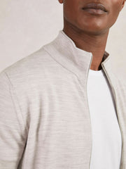 Men Merino Wool Zip Through Cardigan in Wicker Brown Melange