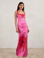 Women Good American Satin Floral Maxi Dress in Pink