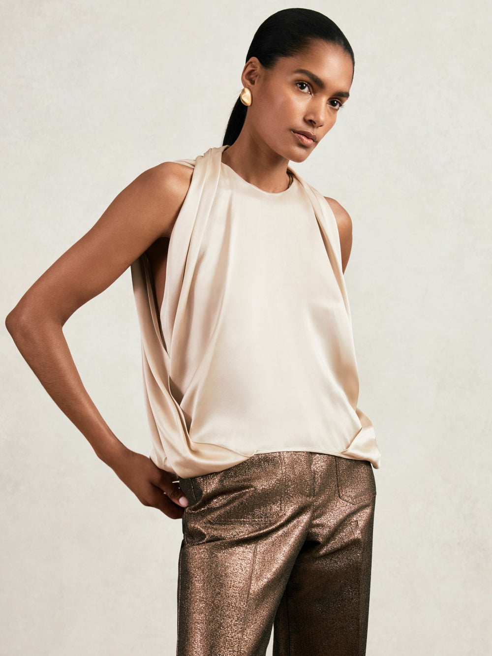 Women Silk Draped Sleeveless Top in Champagne Neutral