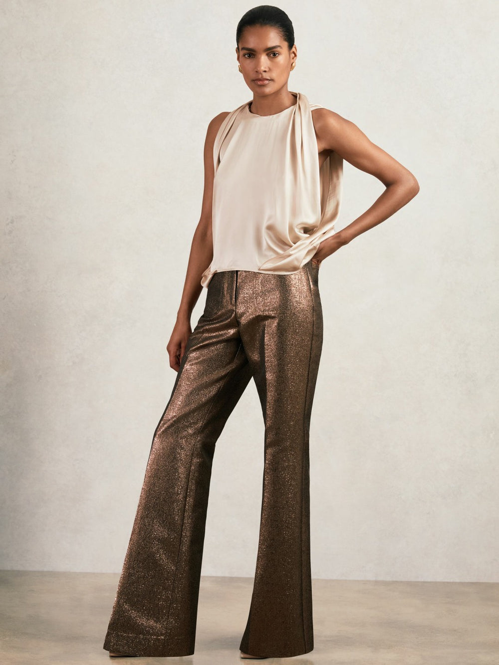 Women Silk Draped Sleeveless Top in Champagne Neutral