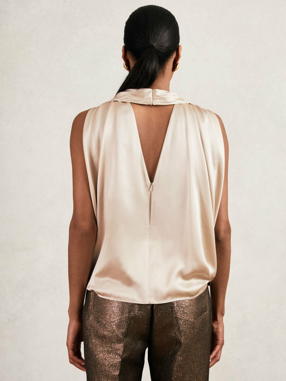Women Silk Draped Sleeveless Top in Champagne Neutral