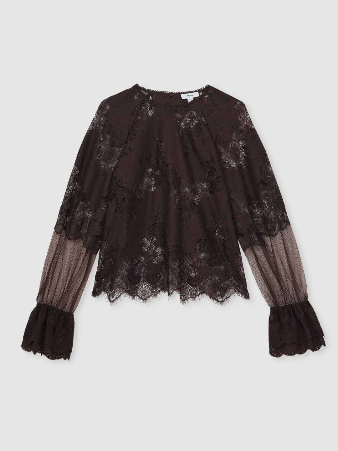 Women Lace Flared Cuff Blouse in Chocolate Brown