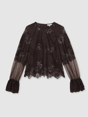 Women Lace Flared Cuff Blouse in Chocolate Brown
