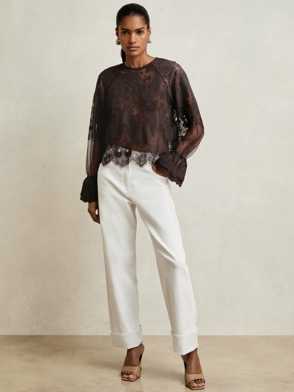 Women Lace Flared Cuff Blouse in Chocolate Brown