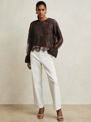 Women Lace Flared Cuff Blouse in Chocolate Brown