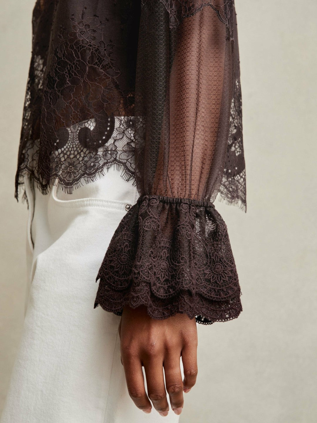 Women Lace Flared Cuff Blouse in Chocolate Brown