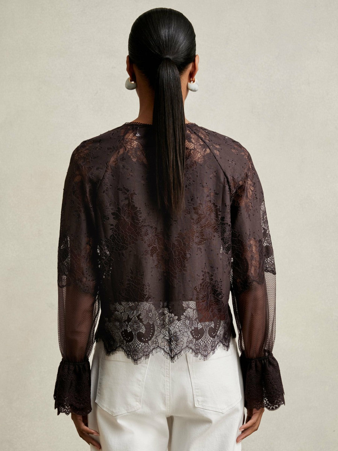 Women Lace Flared Cuff Blouse in Chocolate Brown