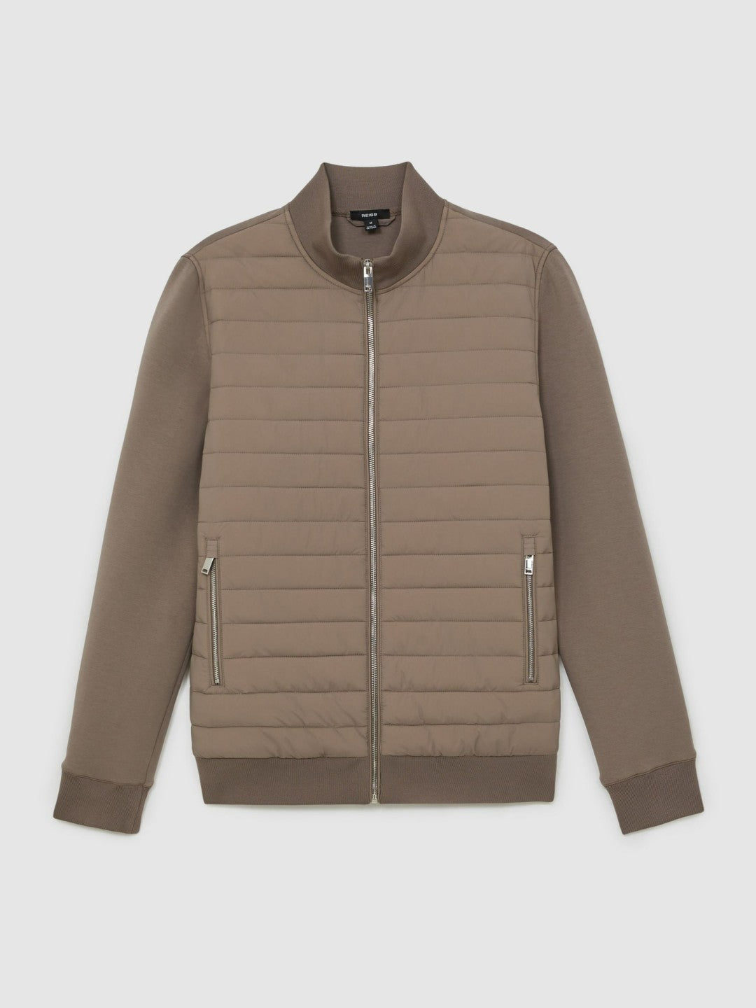 Men Hybrid Quilt and Knit Zip-Through Jacket in Taupe Brown