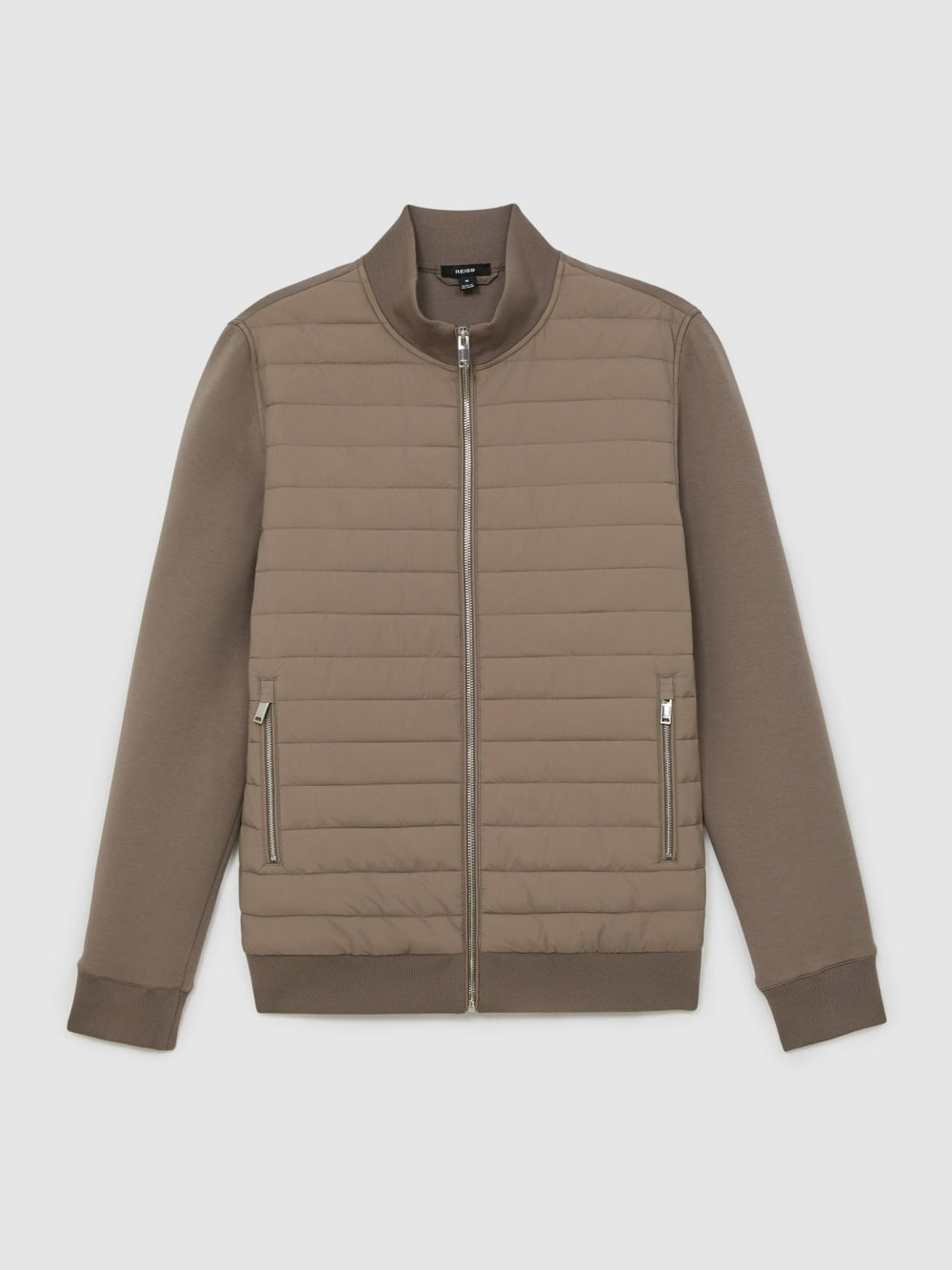 Men Hybrid Quilt and Knit Zip-Through Jacket in Taupe Brown