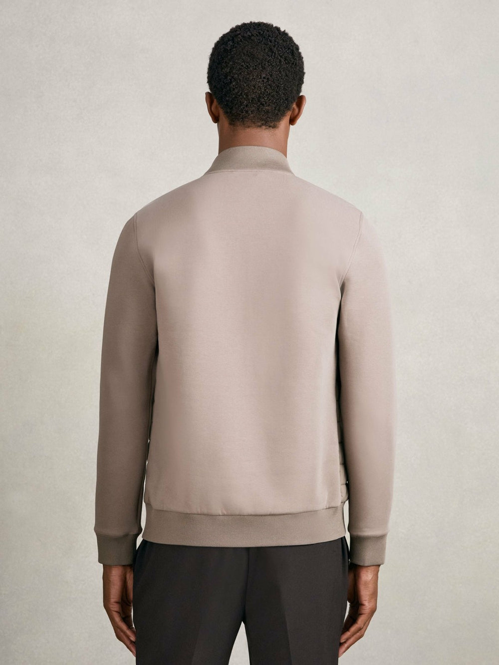 Men Hybrid Quilt and Knit Zip-Through Jacket in Taupe Brown