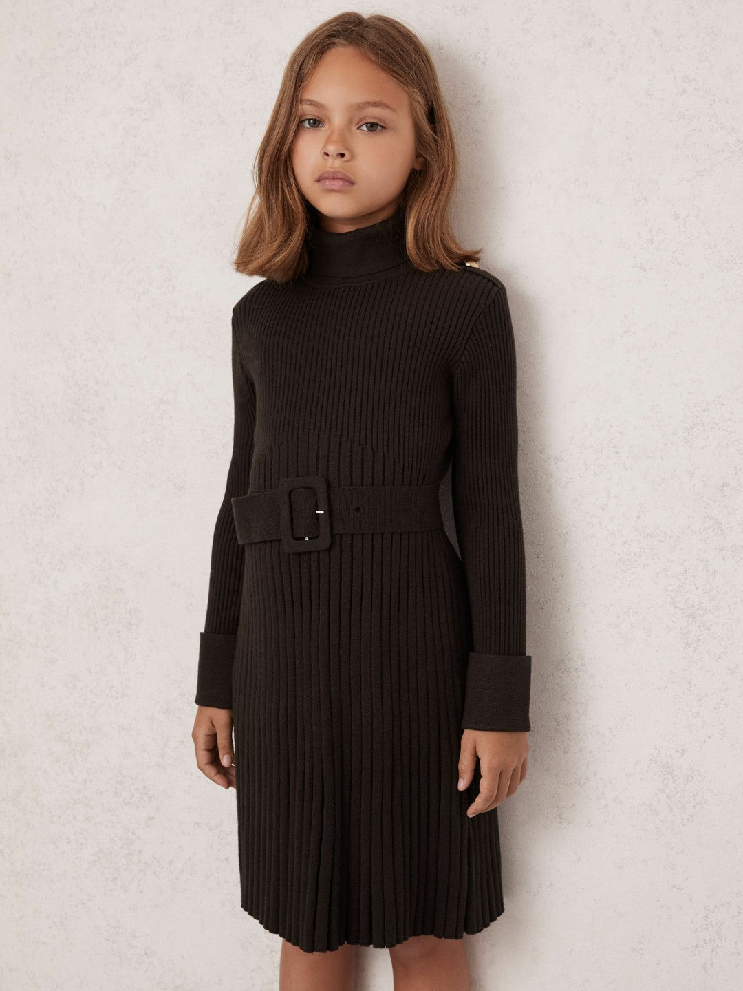 Children & Baby 3-9 yrs Rib-Knit Roll-Neck Belted Dress in Chocolate