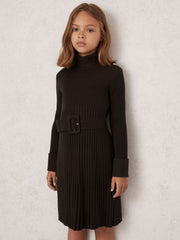 Children & Baby 3-9 yrs Rib-Knit Roll-Neck Belted Dress in Chocolate